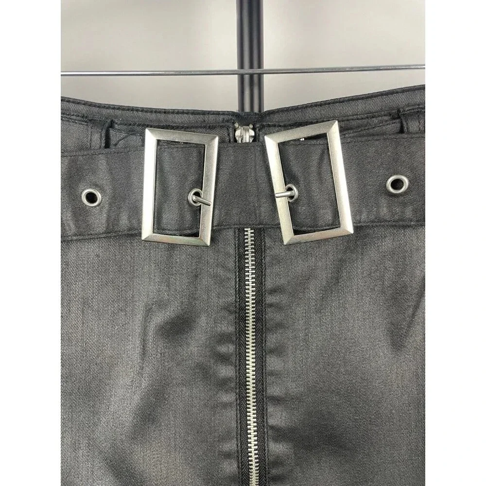 Amp Black Faux Leather Waxed Front Zip Goth Punk Mini Skirt With Belt Size‎ L